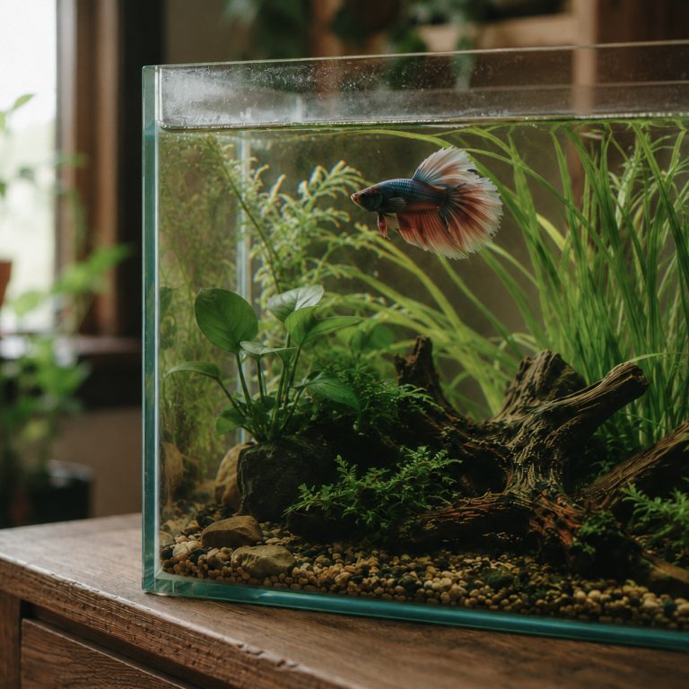Colorful halfmoon betta fish swimming in a planted freshwater aquarium