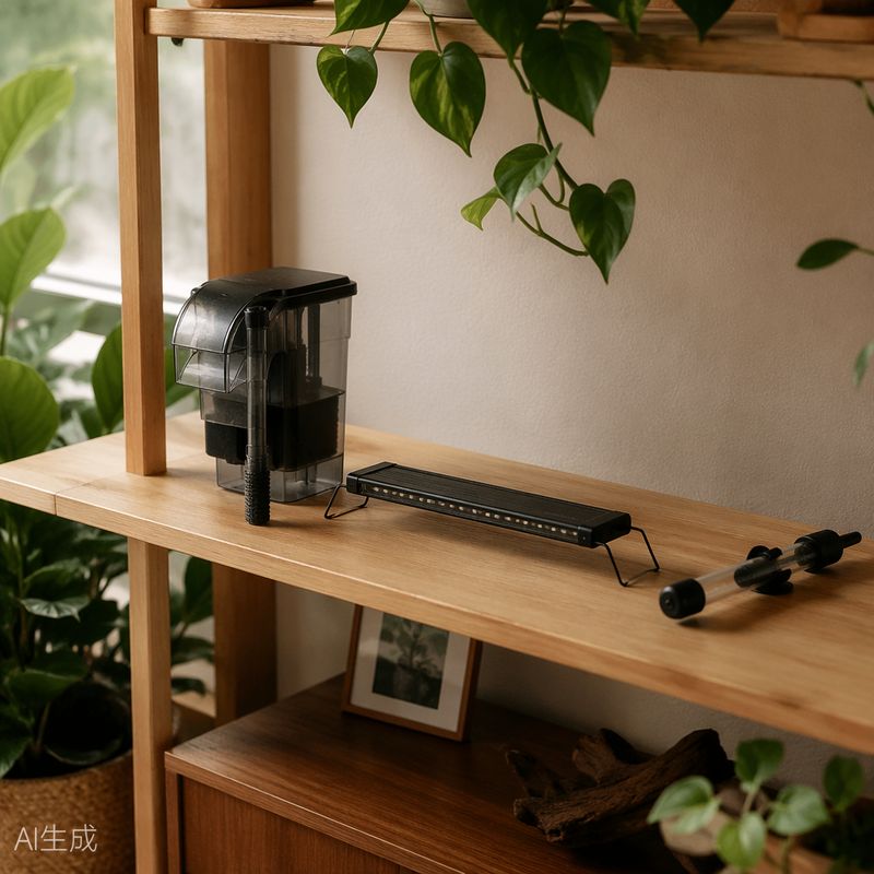 Aquarium equipment on a wooden shelf