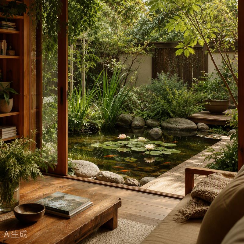 Backyard pond with water lilies and goldfish