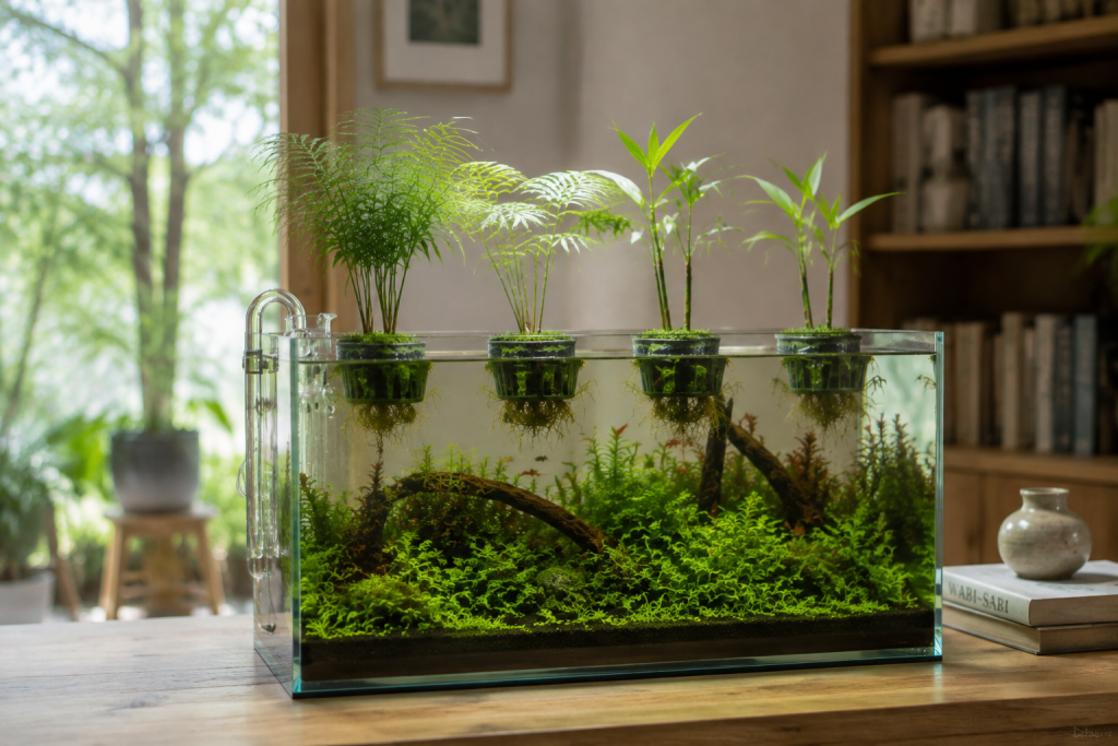 Indoor desktop aquaponics tank with lush underwater moss plants and suspended hydroponic foliage, showcasing self-sustaining water ecosystem for home aquarium and garden hobbyists, Tank and Garden aquaponics guide hero image