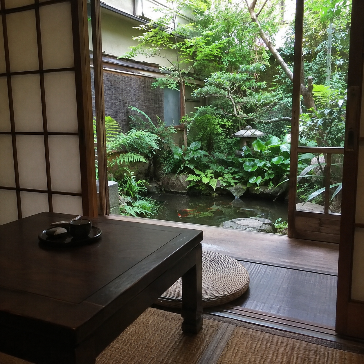 Outdoor backyard aquaponics pond with lush aquatic plants, natural fish and plant ecosystem