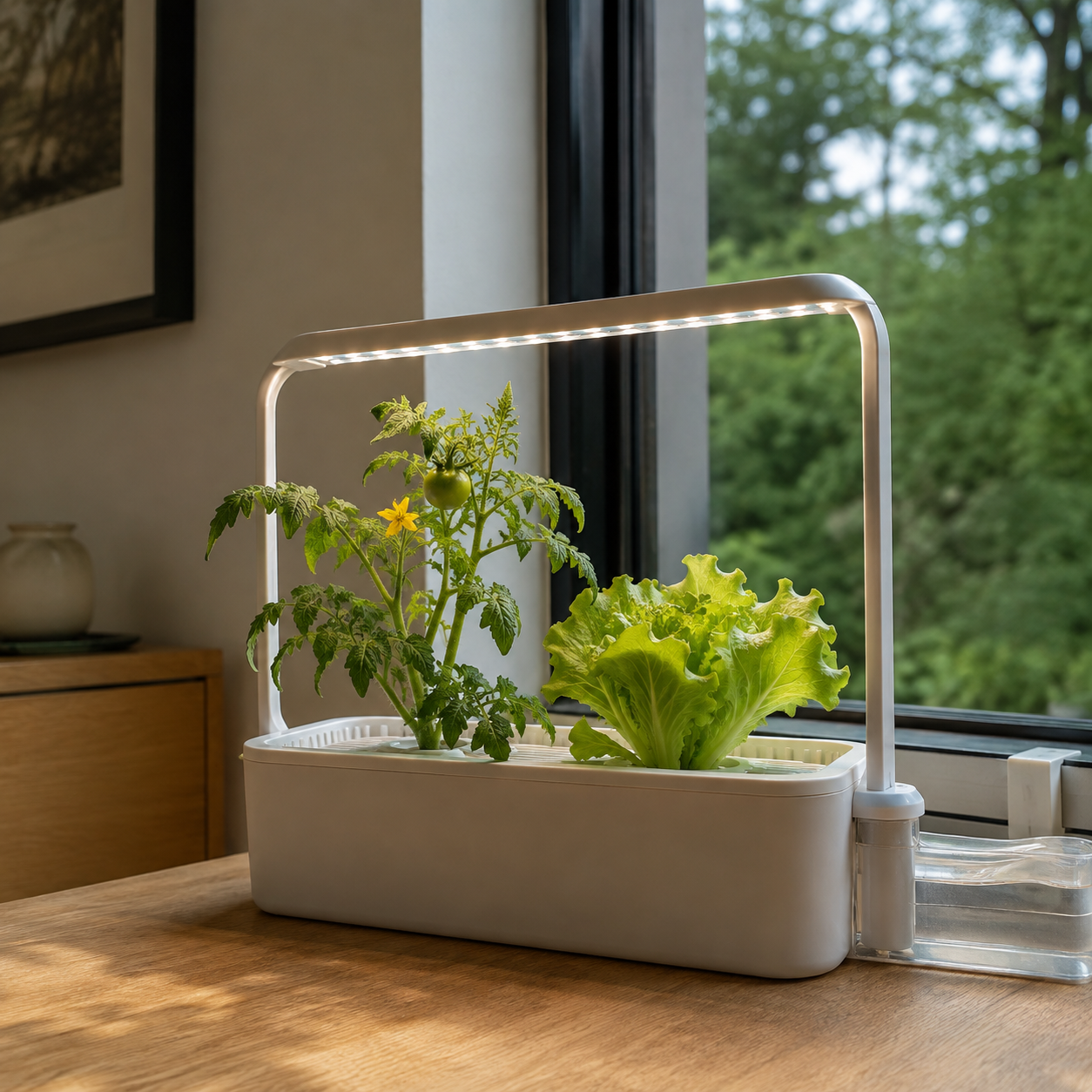 Fresh herbs growing in an indoor hydroponic planter, easy beginner home herb garden setup