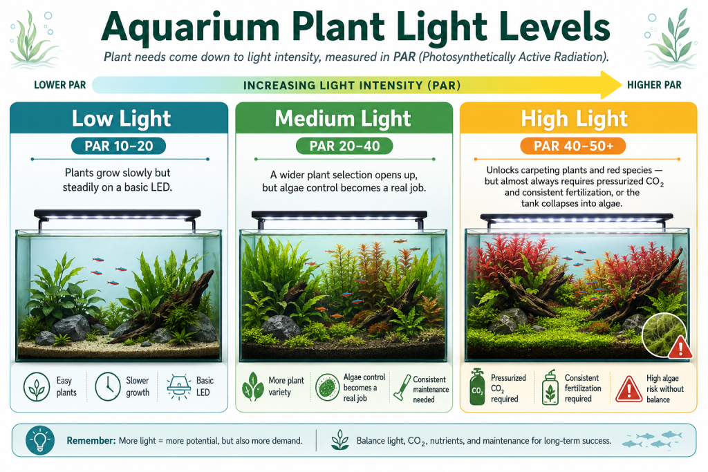 Infographic comparing aquarium plant light levels: low light PAR 10-20, medium PAR 20-40, and high light PAR 40-50+ requiring CO2